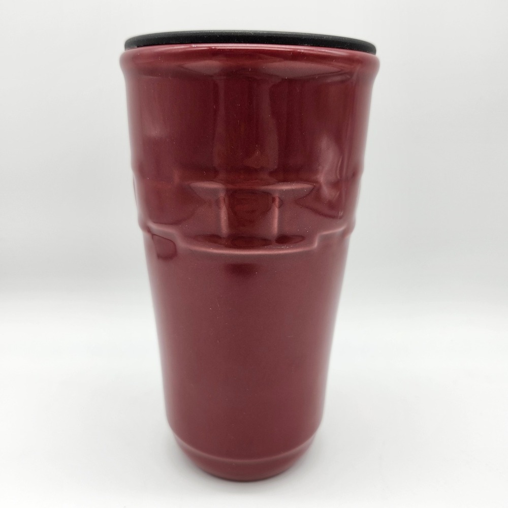 Longaberger Woven Traditions Paprika Red Ceramic Pottery Coffee Travel Mug Lid - Picture 4 of 6